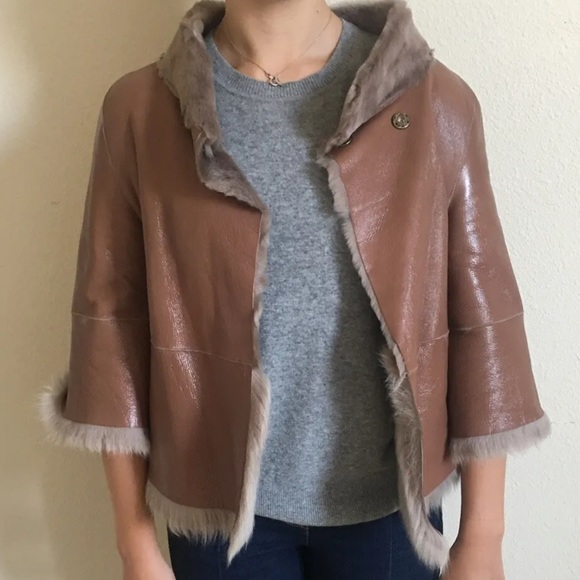 DOROTHEE SCHUMACHER Fur Leather Jacket Coat Reversible Cropped Tan Size Medium 4 - Picture 2 of 12